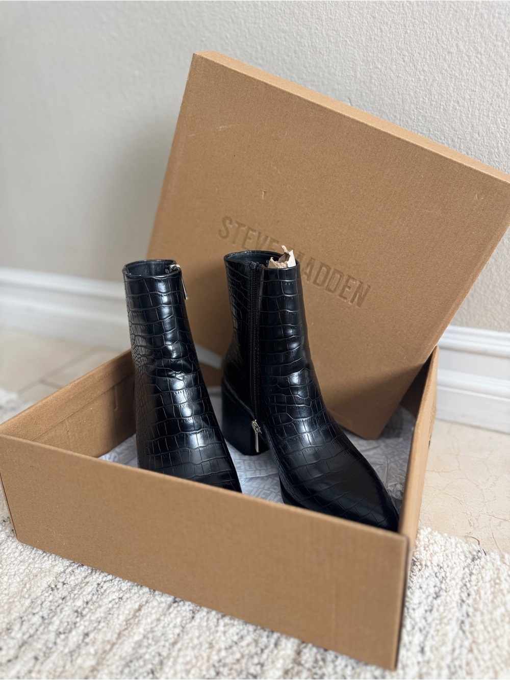 Steve Madden Black Croc-Embossed Pointed Ankle Booties